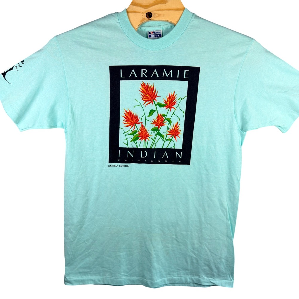 VINTAGE 90s Laramie Indian Paintbrush T-Shirt Men XL Green Hanes Beefy-T USA